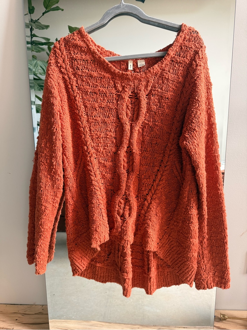 Moth Textured Cable-Front Scoop Neck Sweater - Rust